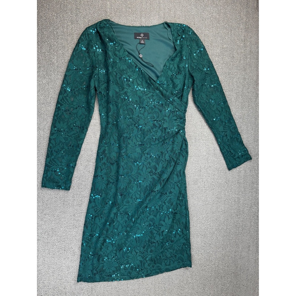 Ronni Nicole Dress Womens 6 Hunter Green Sequin Floral Lace Faux Wrap Cocktail